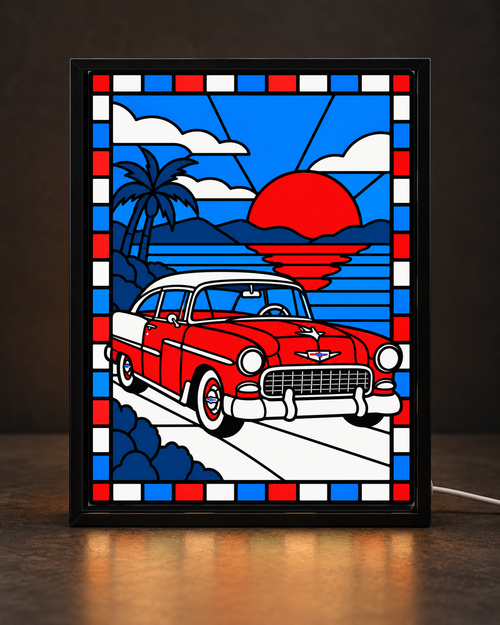 Framed 3D printed stained glass artwork of a classic 1955 Chevy Bel Air