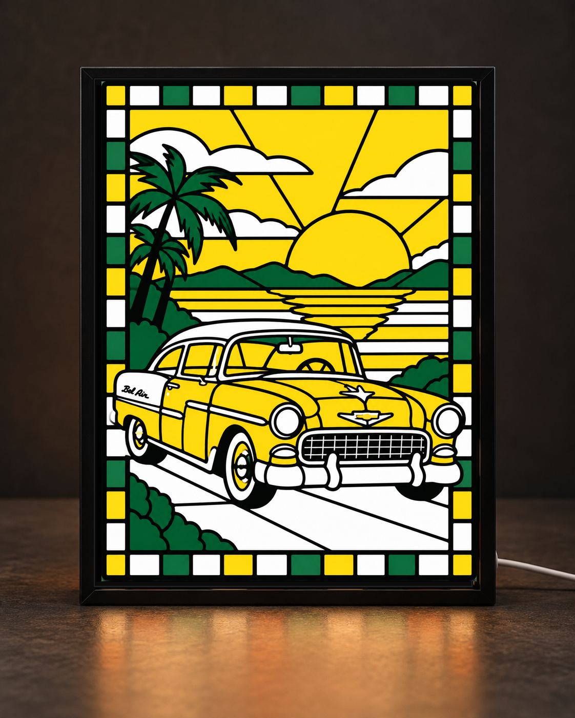 Yellow and green 1955 Chevy Bel Air 3D printed stained glass artwork in a black LED frame
