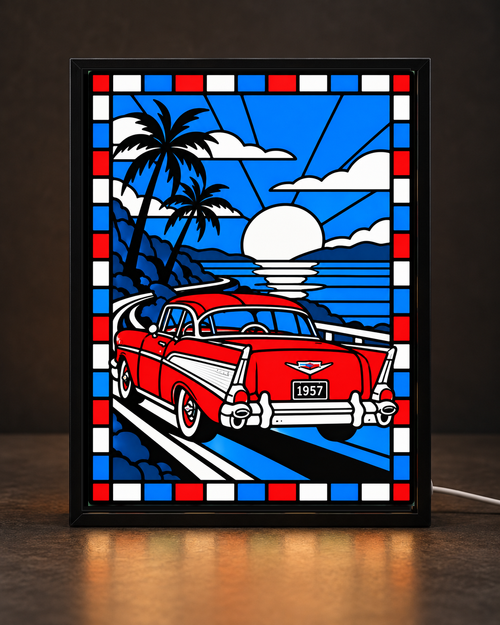 Framed 3D printed stained glass artwork of a red 1957 Chevy driving away on a coastal road