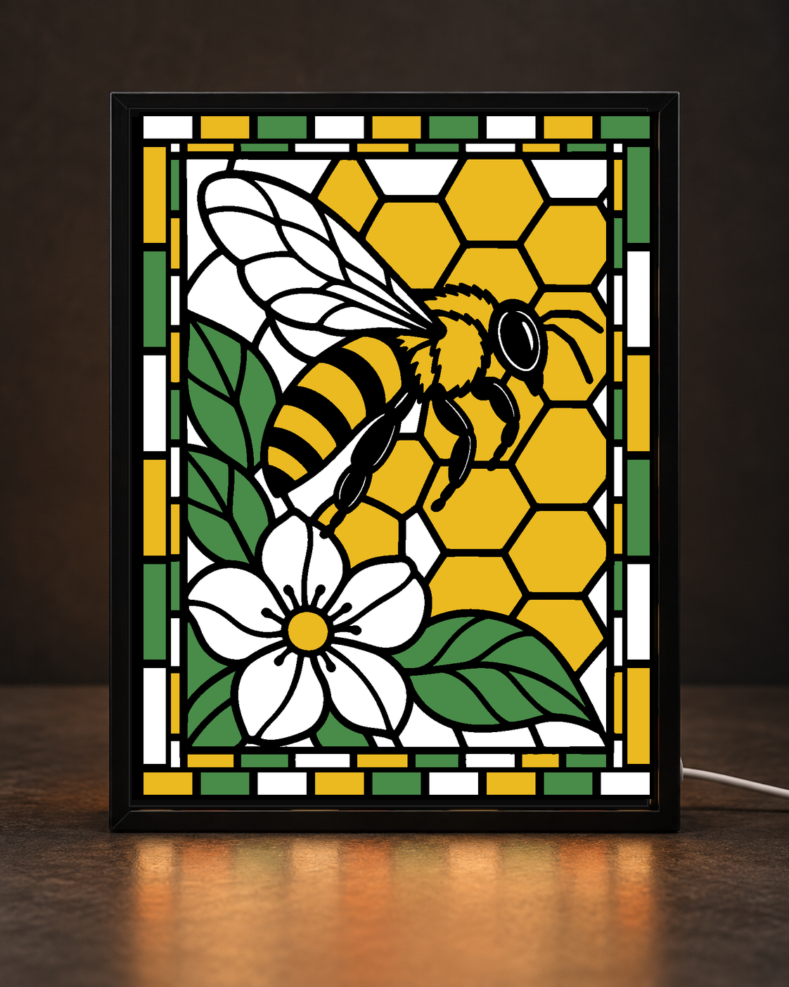 Honeybee and Honeycomb framed light-up stained-glass-style art