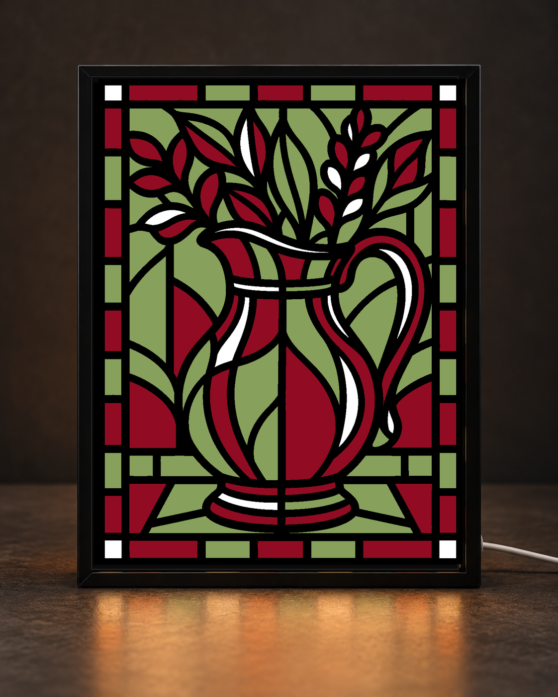 Thanksgiving Harvest Pitcher framed light-up stained-glass-style art