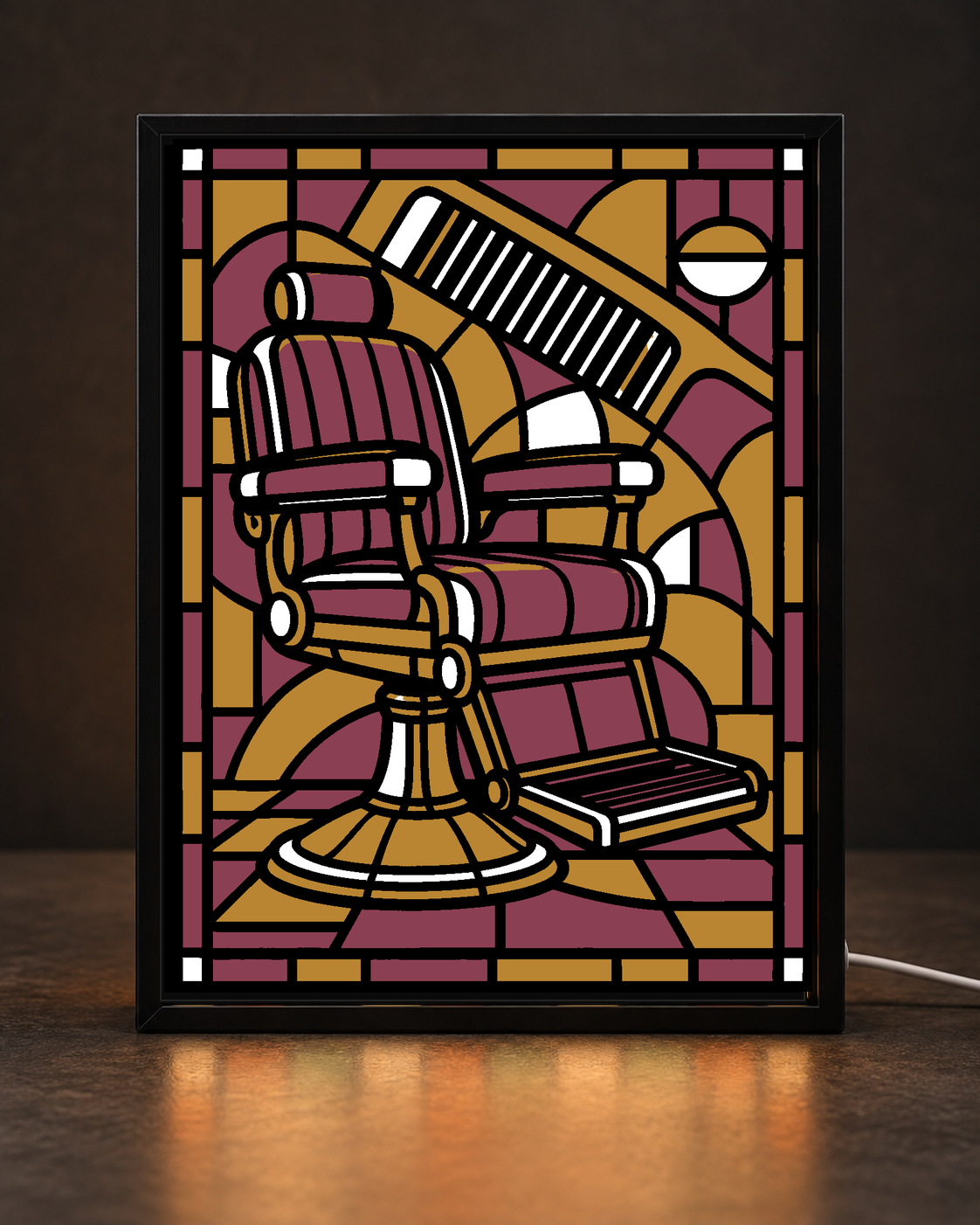 Vintage Barber Chair framed light-up stained-glass-style art