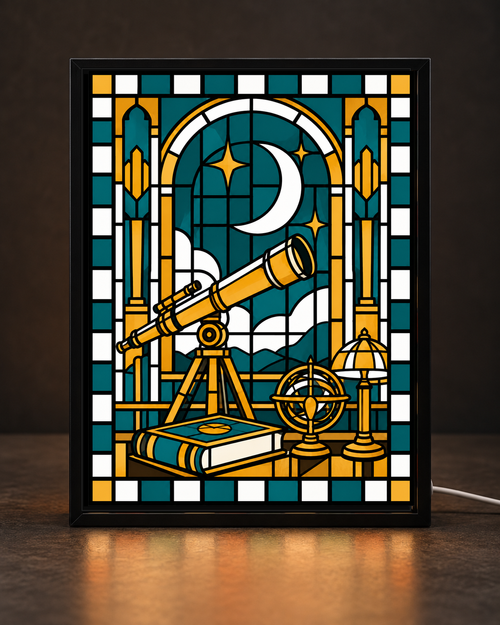 Art Deco Observatory — Moonlit Telescope Edition II framed light-up stained-glass-style art
