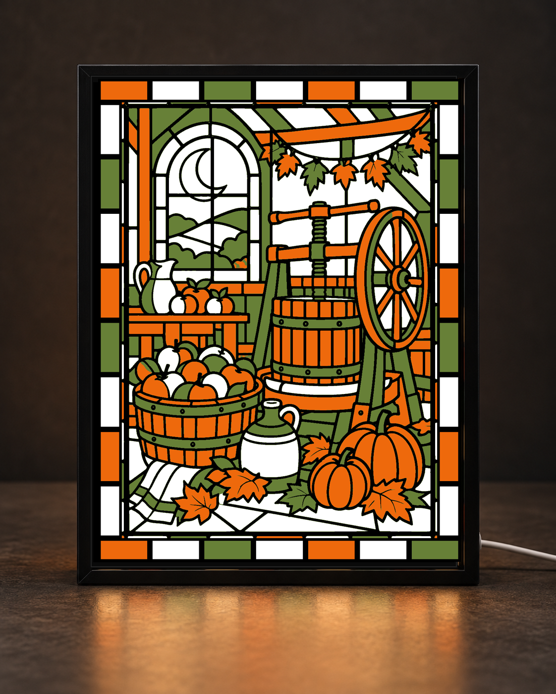 Autumn Cider Press Room framed light-up stained-glass-style art