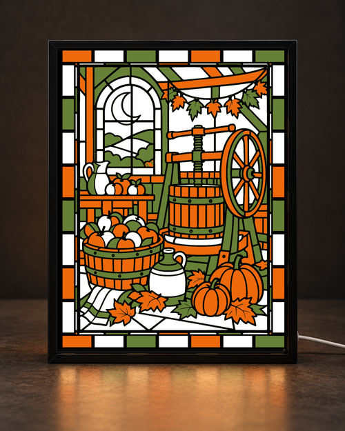 Autumn Cider Press Room framed light-up stained-glass-style art