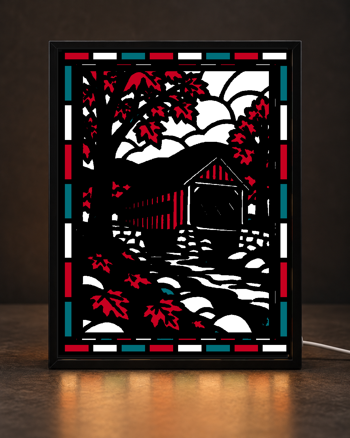 Autumn Covered Bridge light-up 3D printed stained-glass-style art