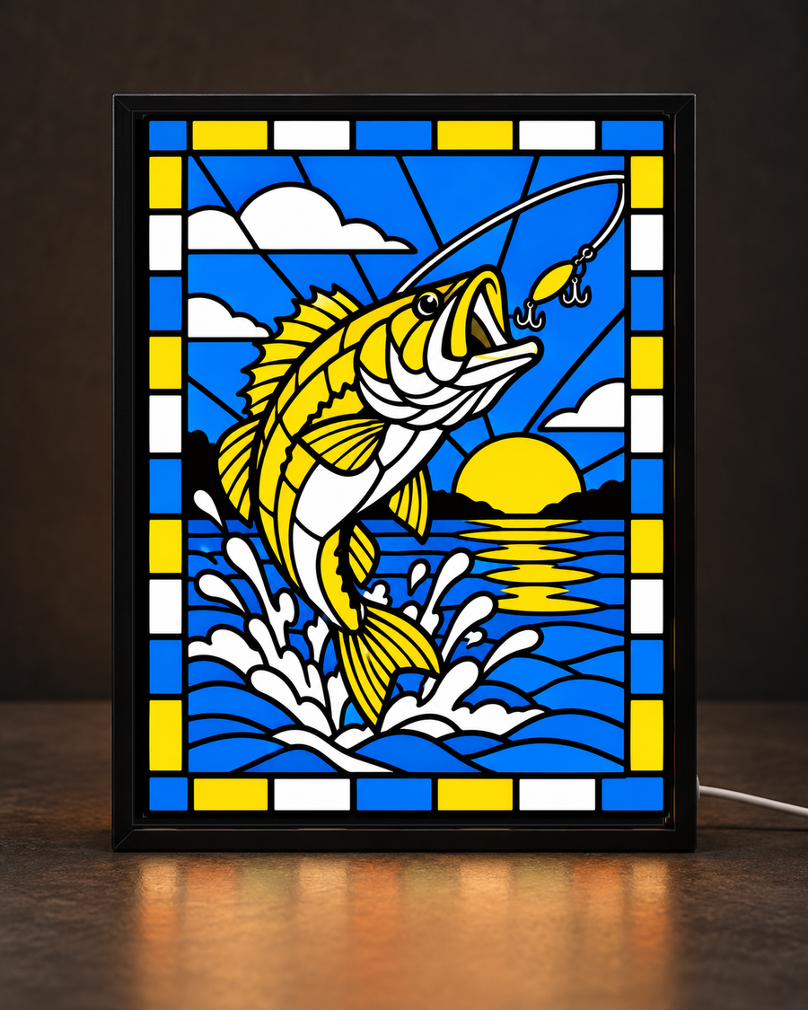Framed 3D printed stained glass artwork of a bass jumping from water toward a fishing lure