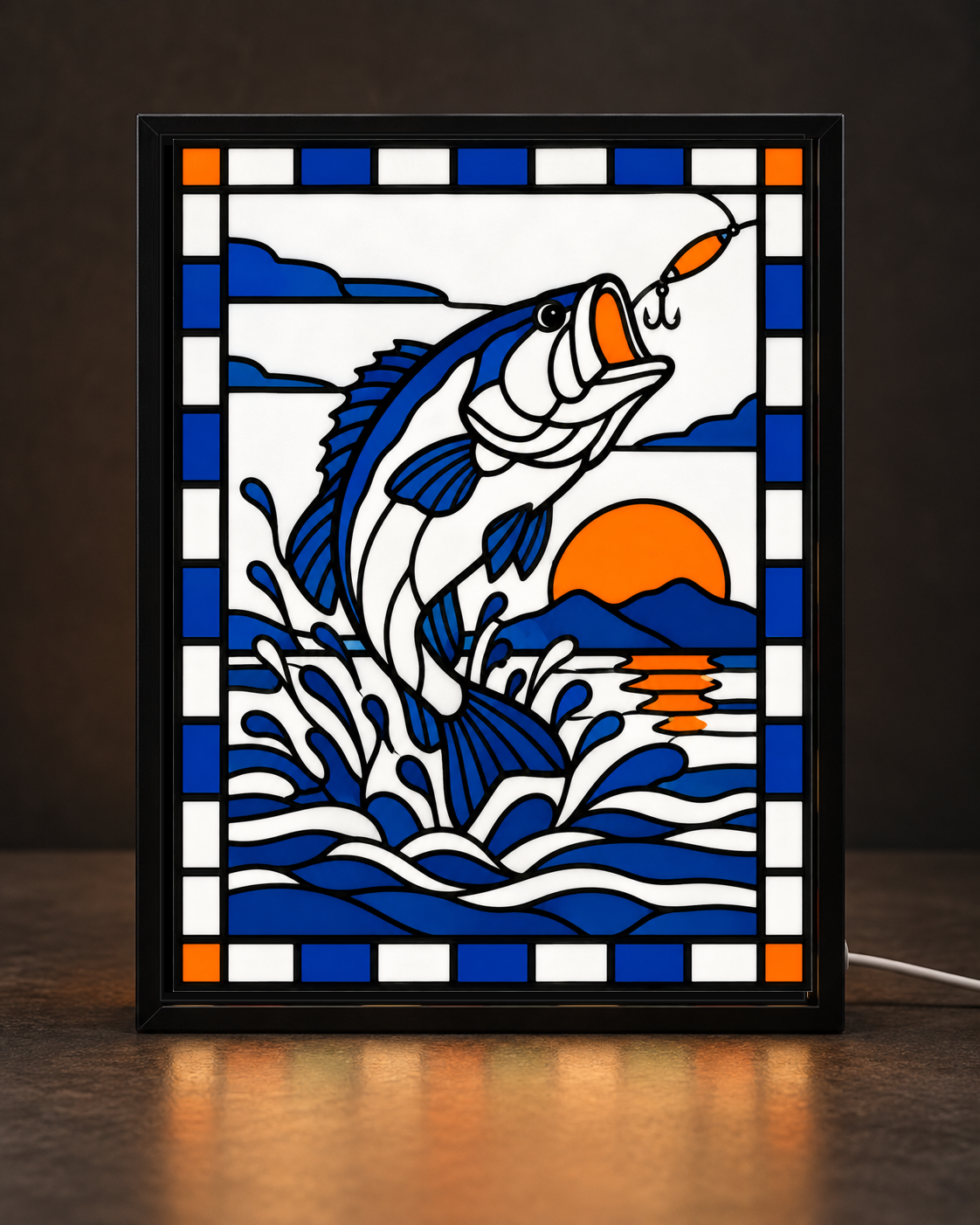 Bass Strike framed light-up 3D printed stained-glass-style fishing art