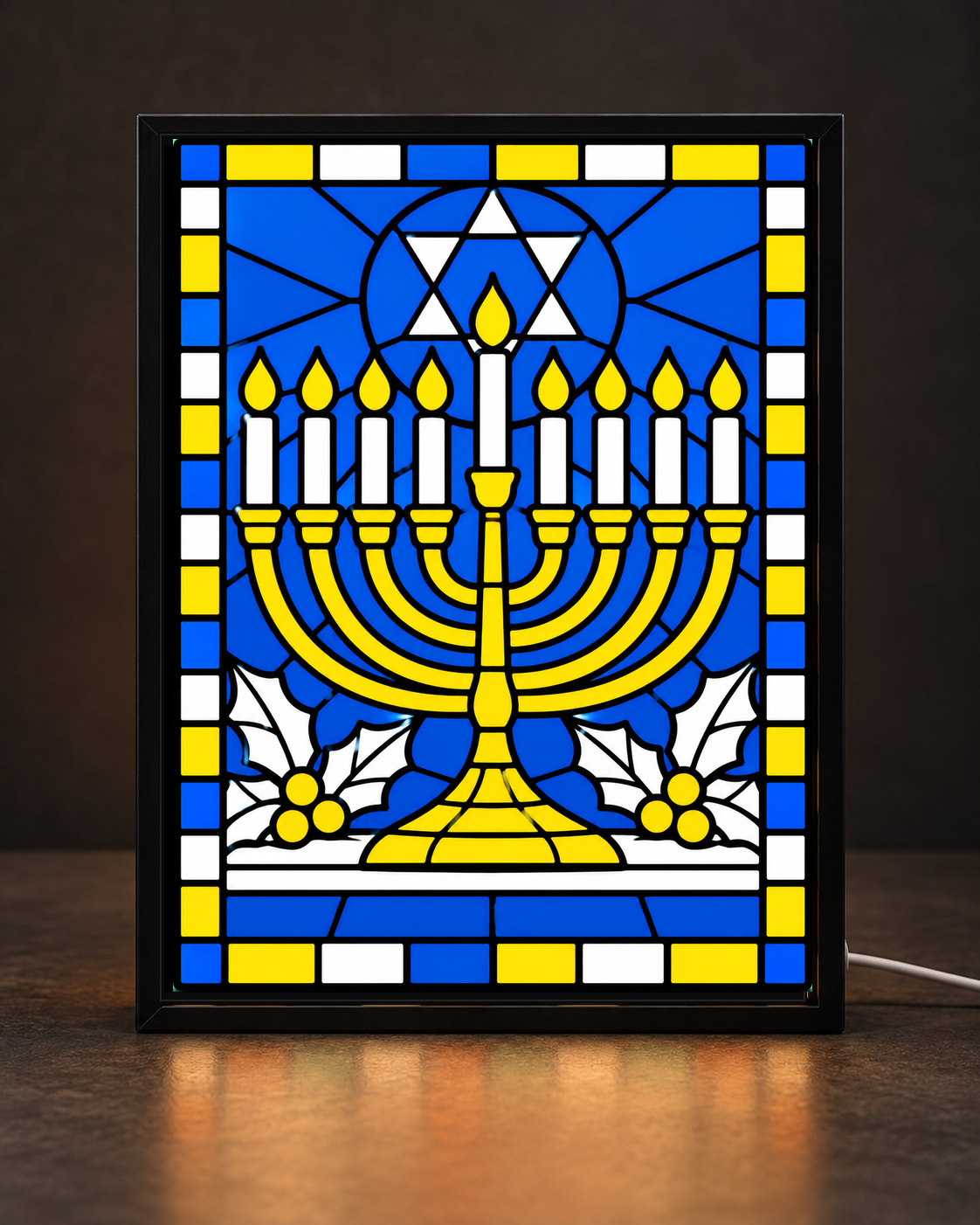 Blue and yellow menorah 3D printed stained glass artwork by Creatively Stacked