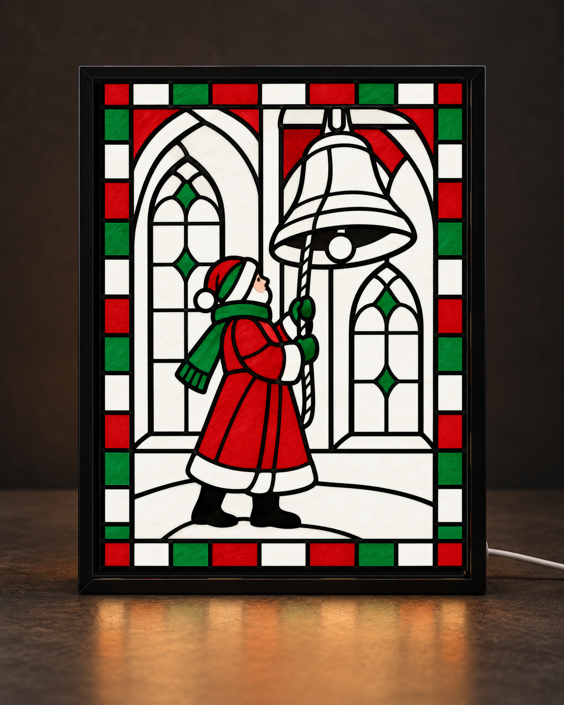Christmas Bell Ringer — Cathedral Bell Edition framed light-up stained-glass-style art