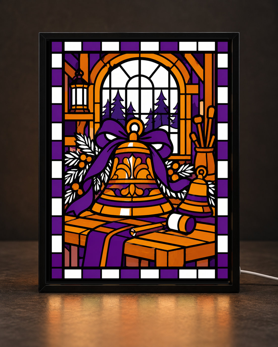 Christmas Bellmaker's Bench framed light-up stained-glass-style art