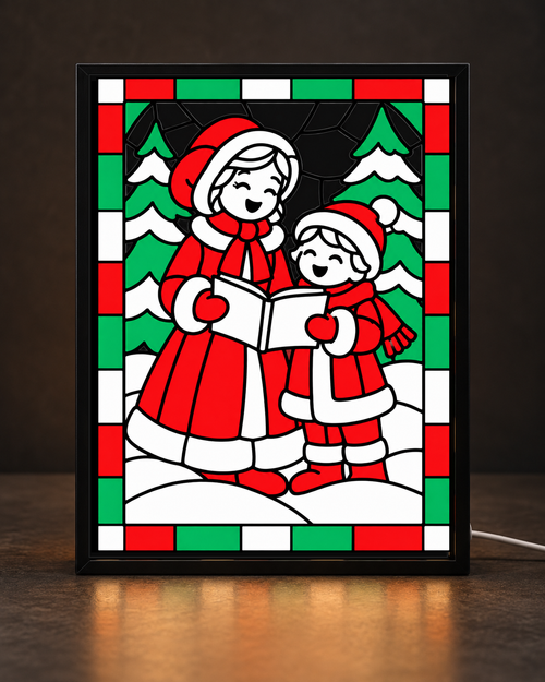 Christmas Carolers framed light-up stained-glass-style art