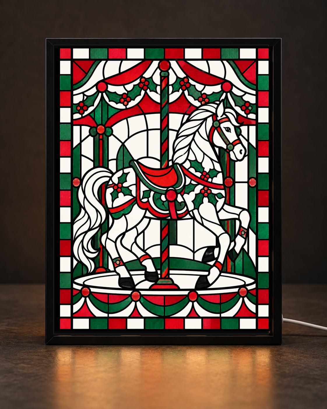 Christmas Carousel Horse framed light-up stained-glass-style art
