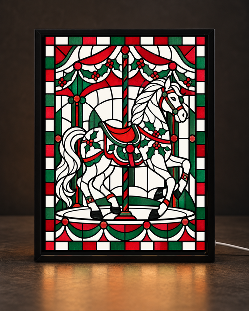 Christmas Carousel Horse framed light-up stained-glass-style art