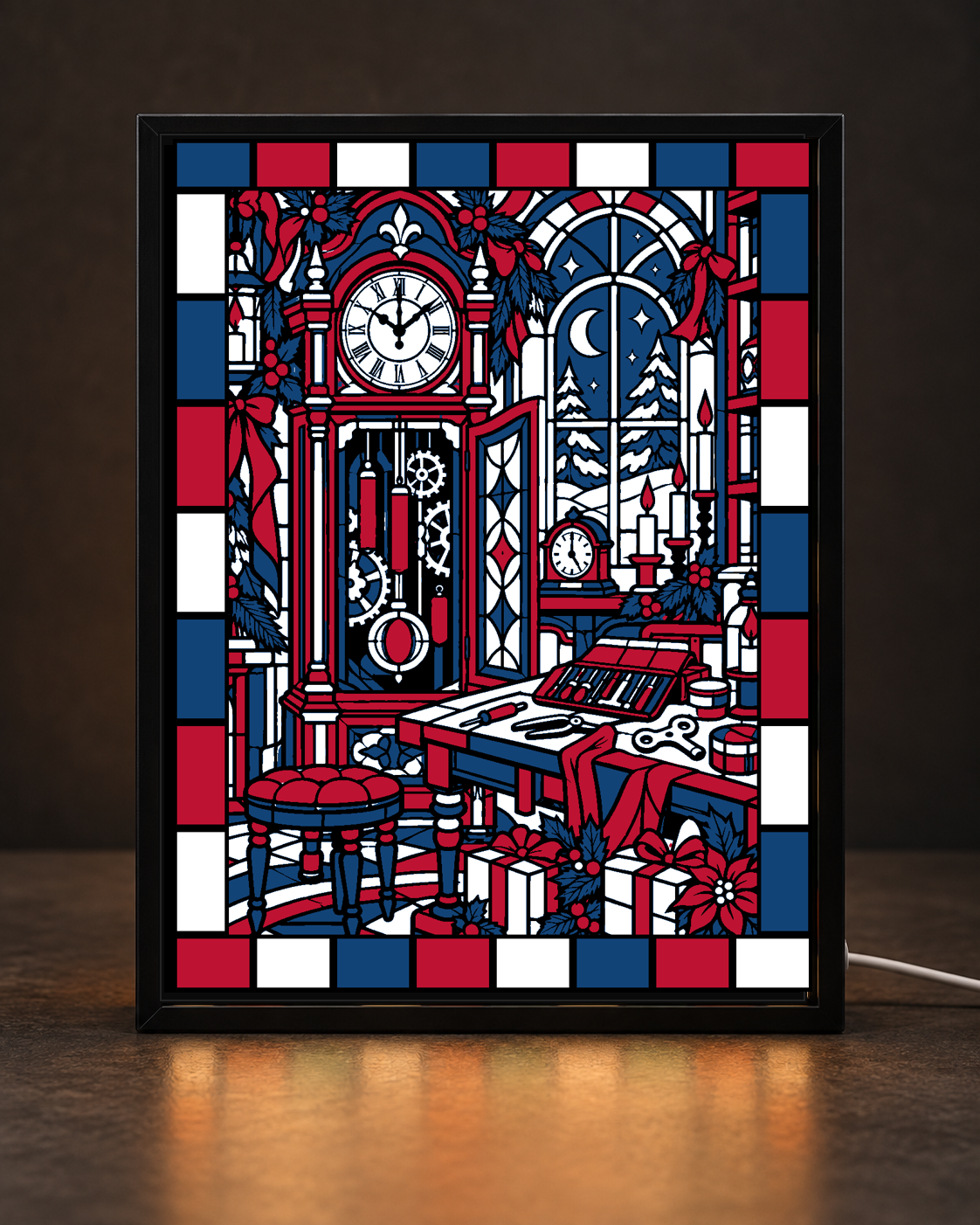 Christmas Clockmakers Midnight Workshop framed light-up stained-glass-style art