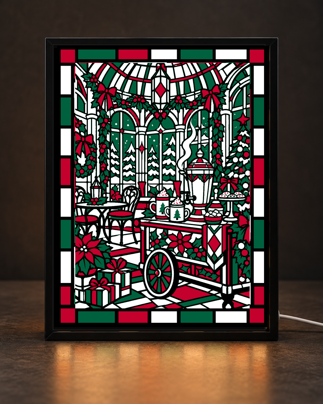 Christmas Conservatory Cocoa Cart framed light-up stained-glass-style art