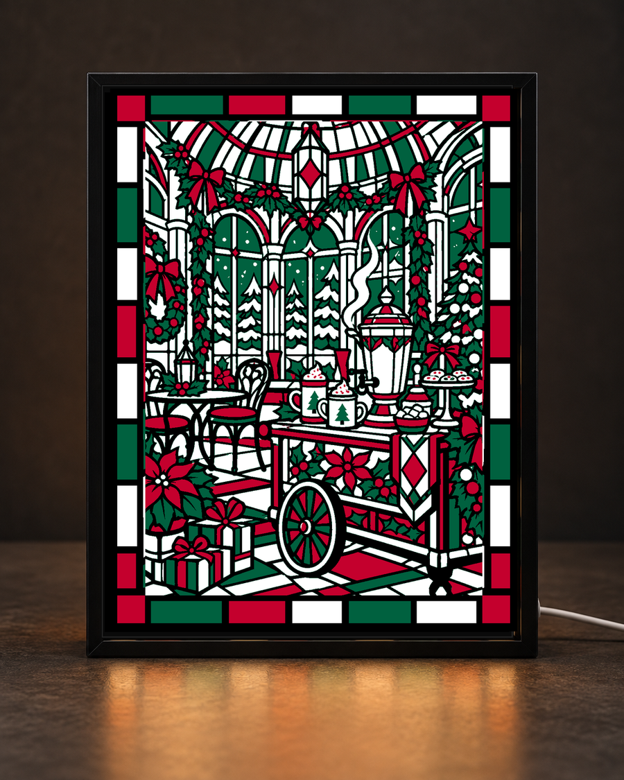 Christmas Conservatory Cocoa Cart framed light-up stained-glass-style art