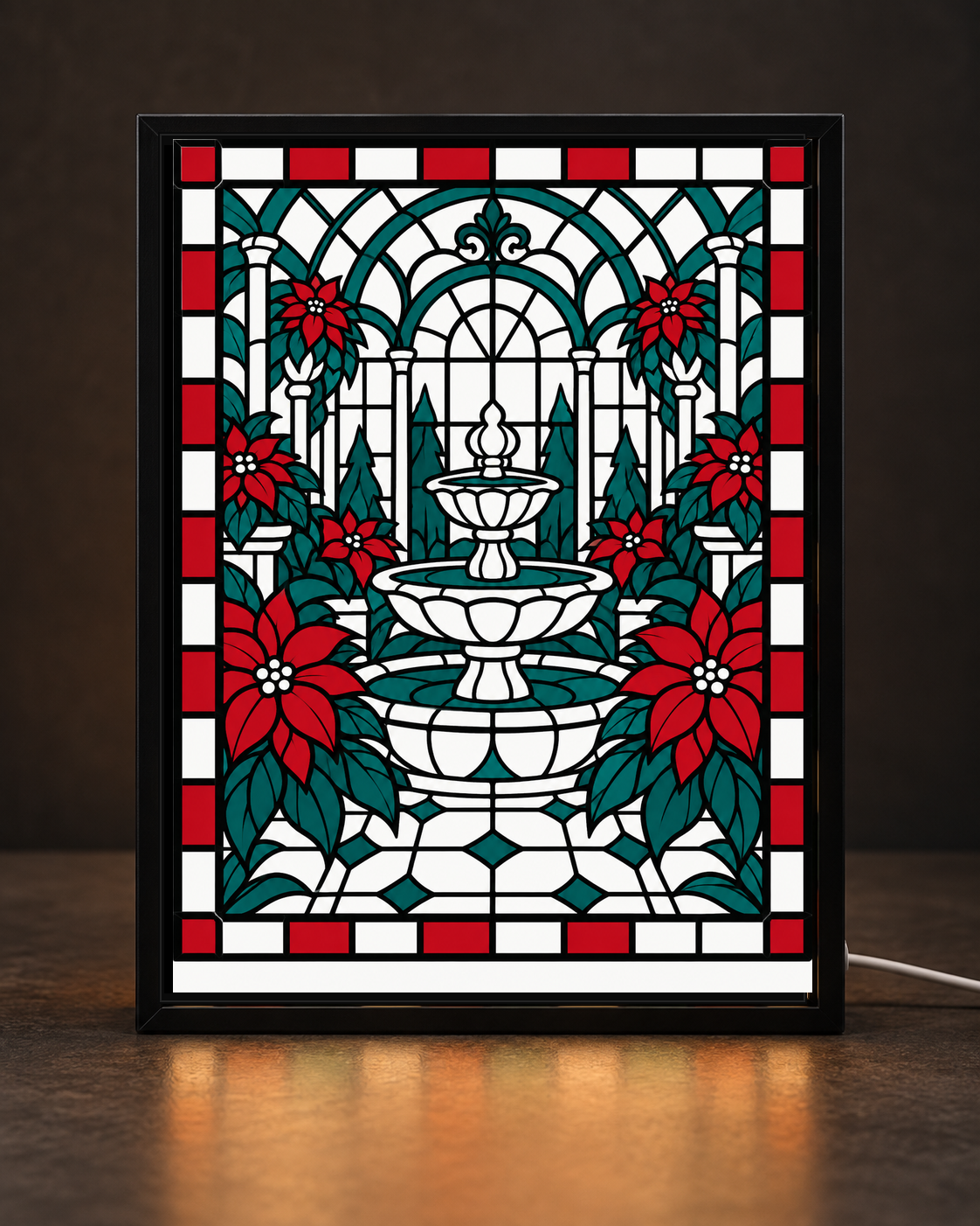 Christmas Conservatory Fountain framed light-up stained-glass-style art