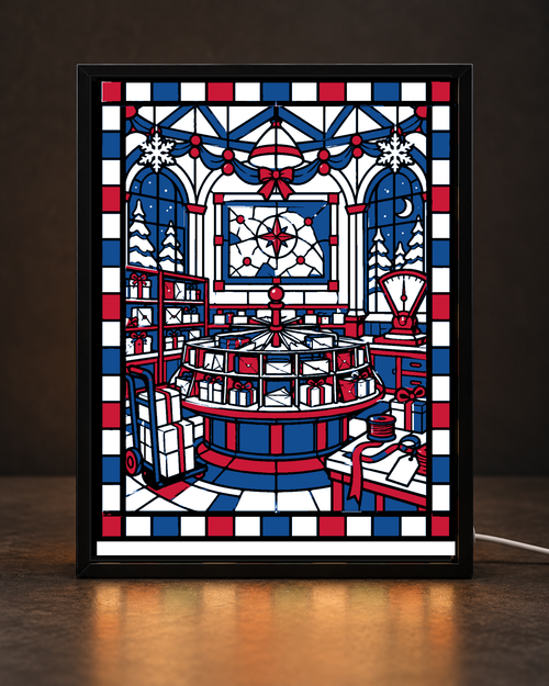 Christmas Gift Dispatch Rotunda framed light-up stained-glass-style art