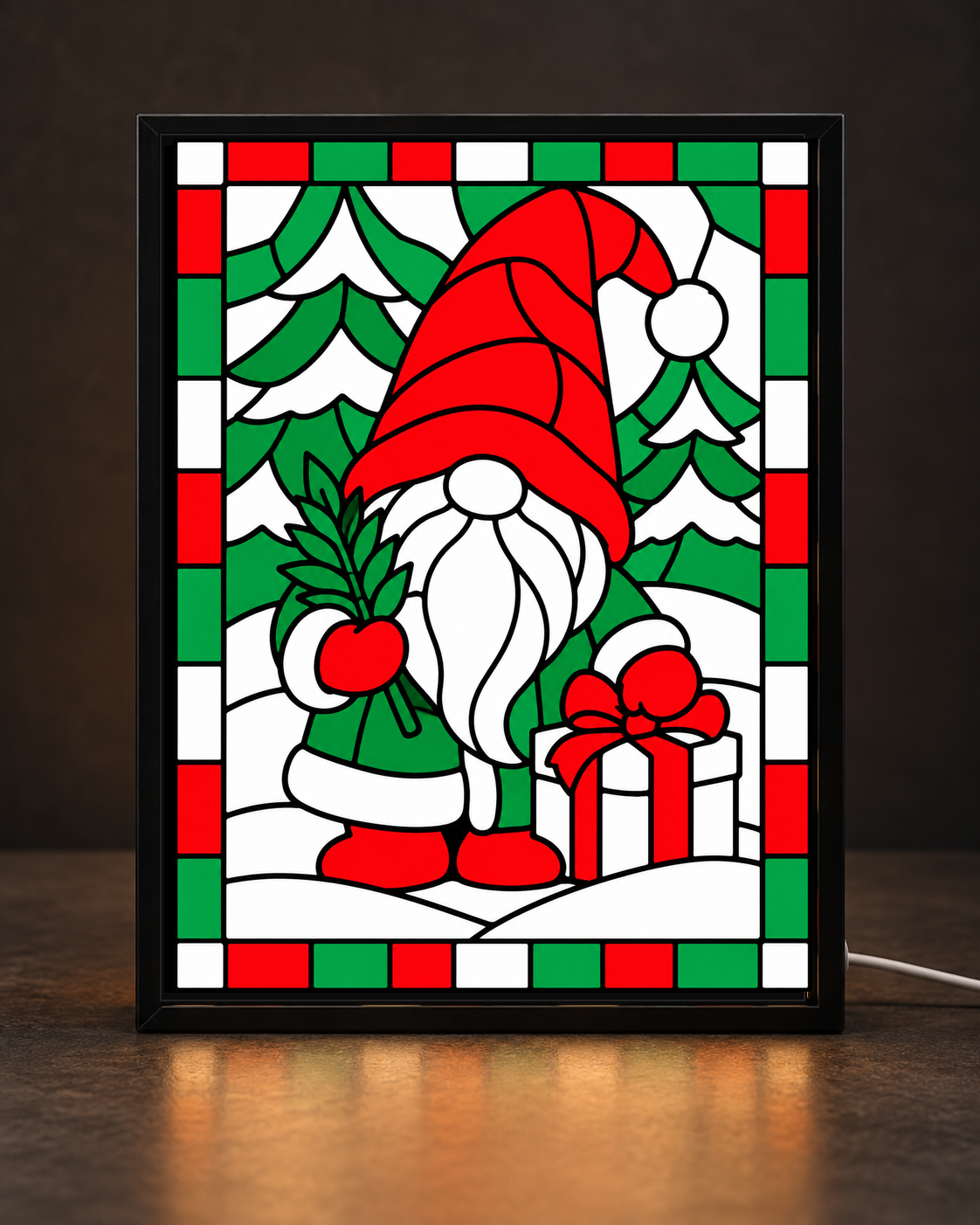 Christmas Gnome and Gift framed light-up stained-glass-style art