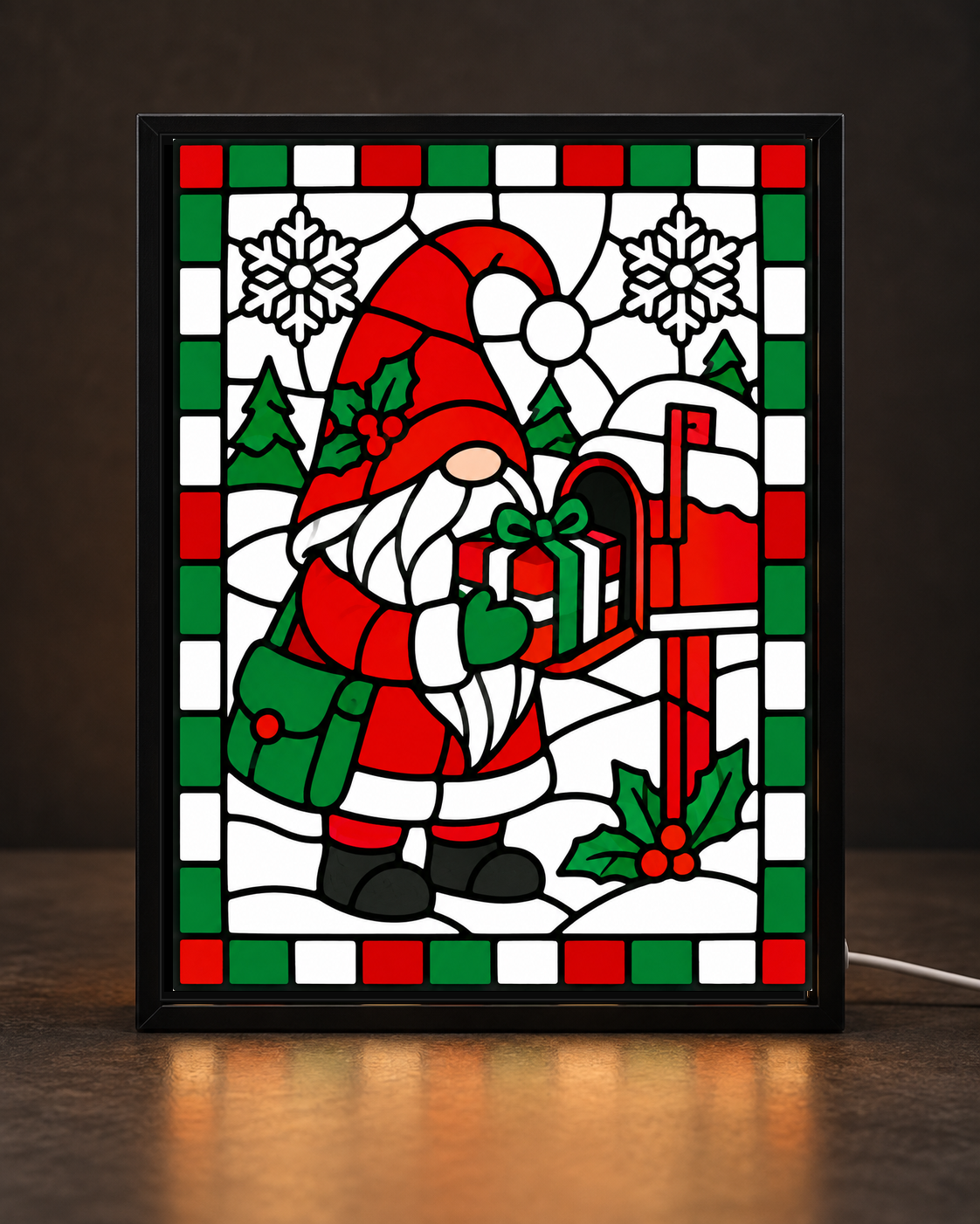Christmas Gnome Gift Delivery framed light-up stained-glass-style art