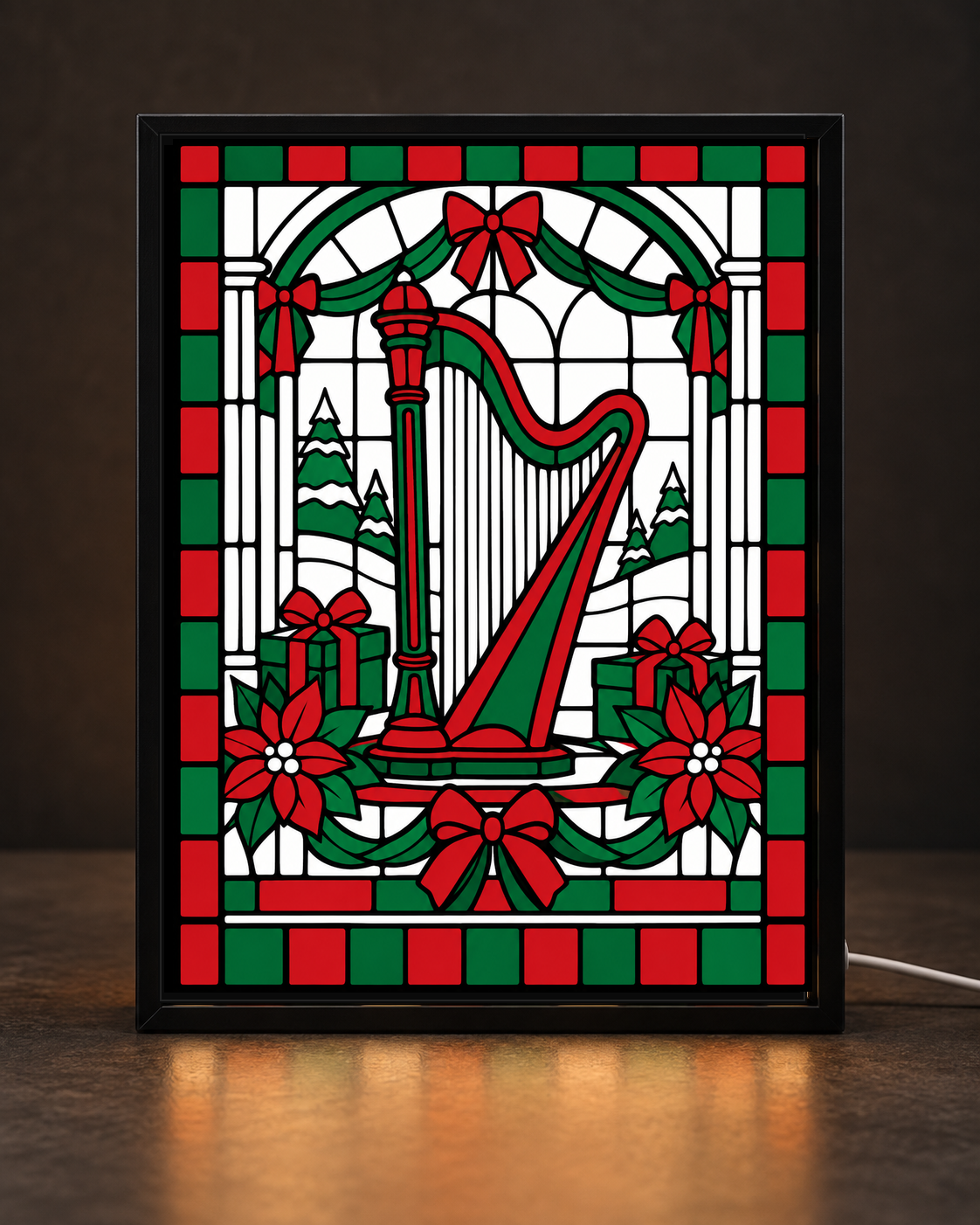 Christmas Harp Gallery — Edition II framed light-up stained-glass-style art