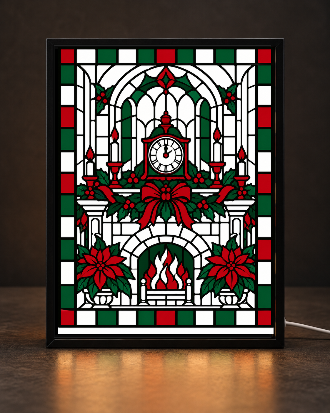 Christmas Hearth Clock framed light-up stained-glass-style art