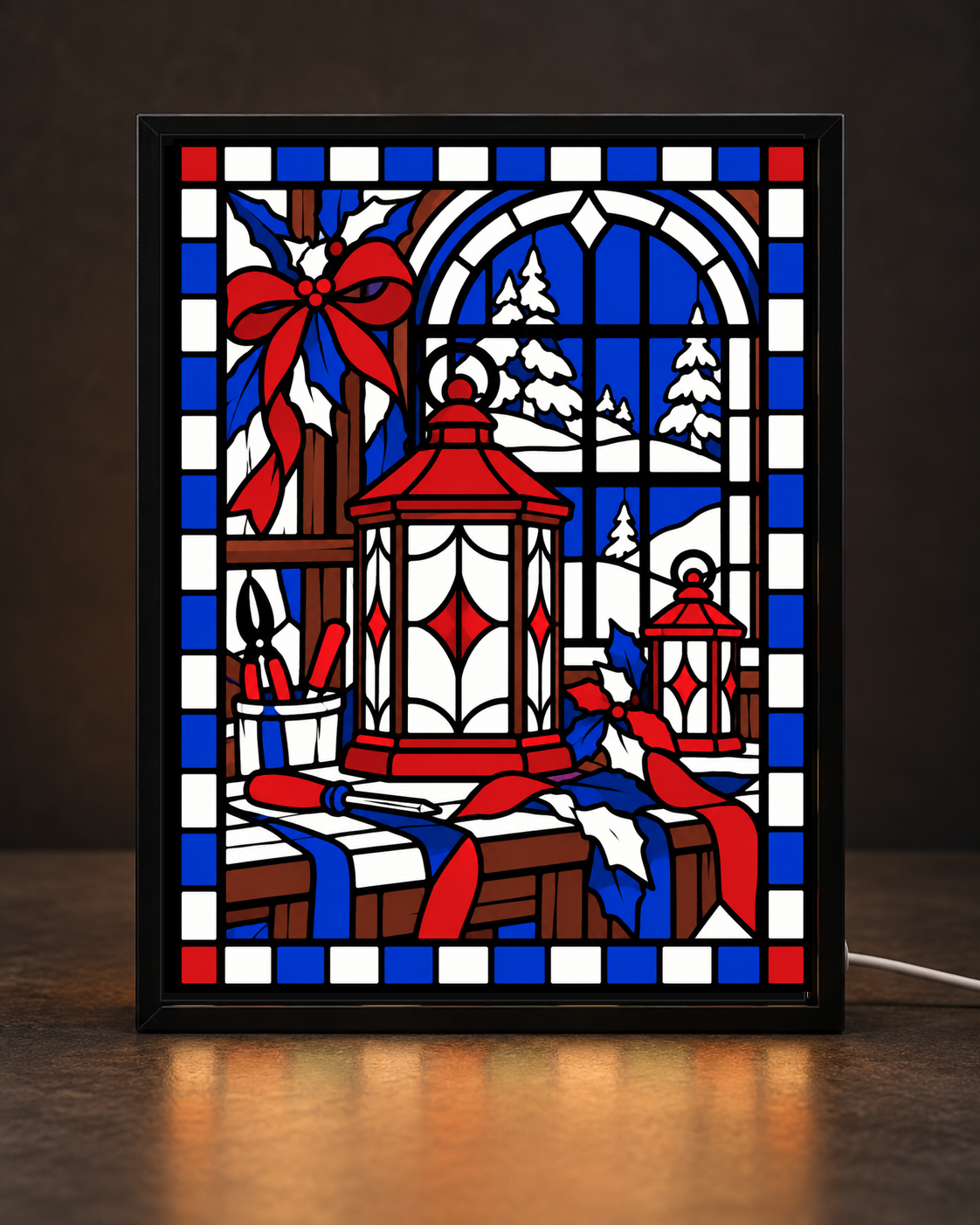 Christmas Lanternmaker's Window framed light-up stained-glass-style art