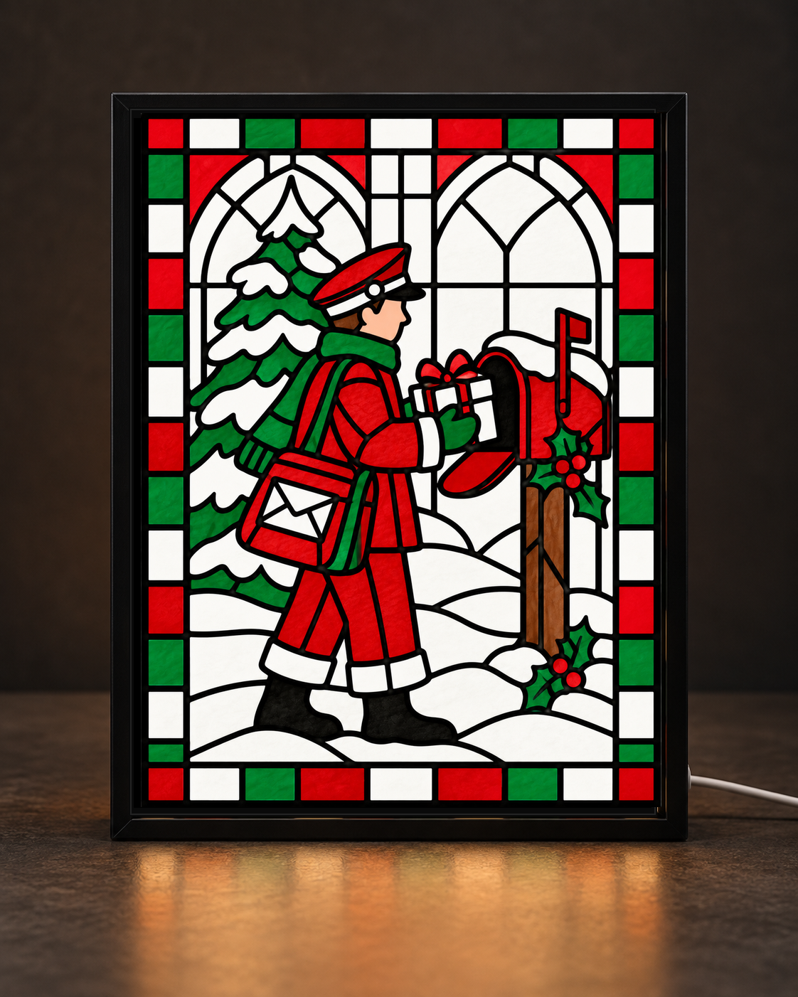 Christmas Letter Carrier — Mailbox Edition framed light-up stained-glass-style art
