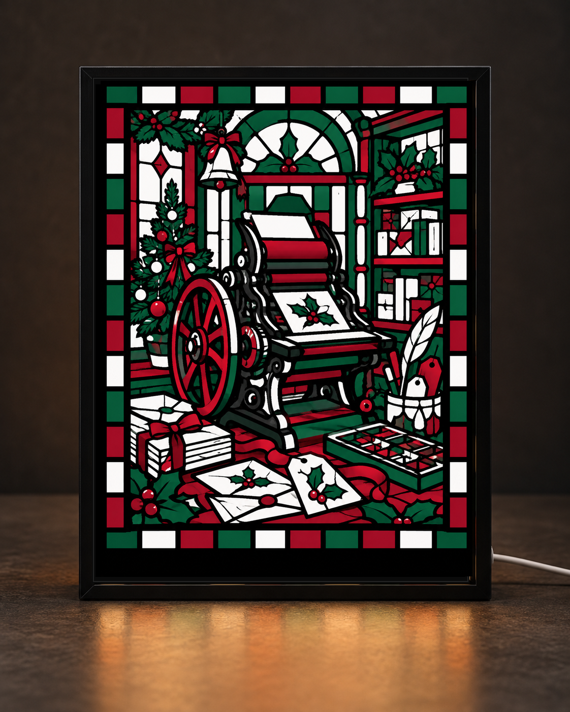 Christmas Letterpress Workshop framed light-up stained-glass-style art