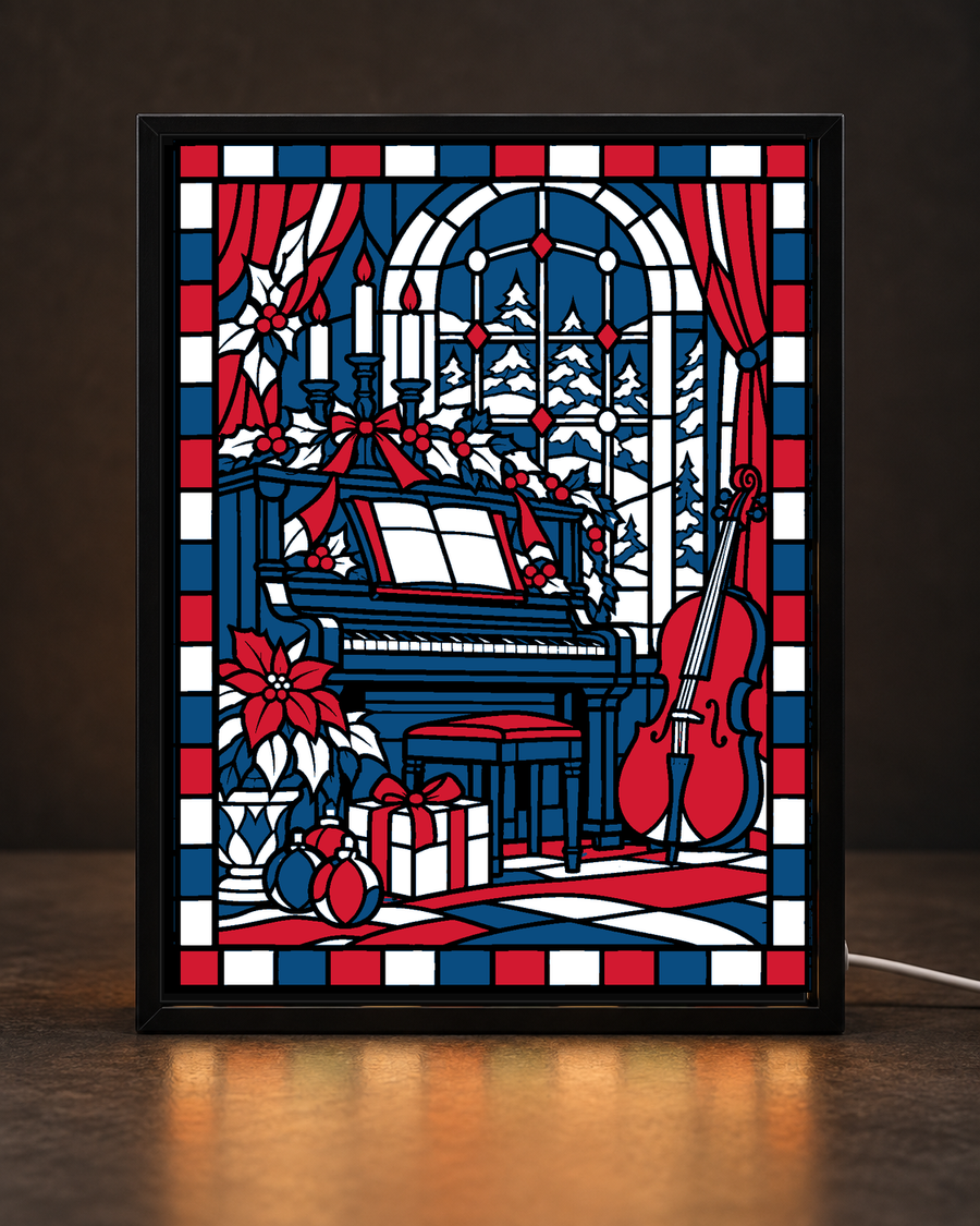 Christmas Music Room framed light-up stained-glass-style art