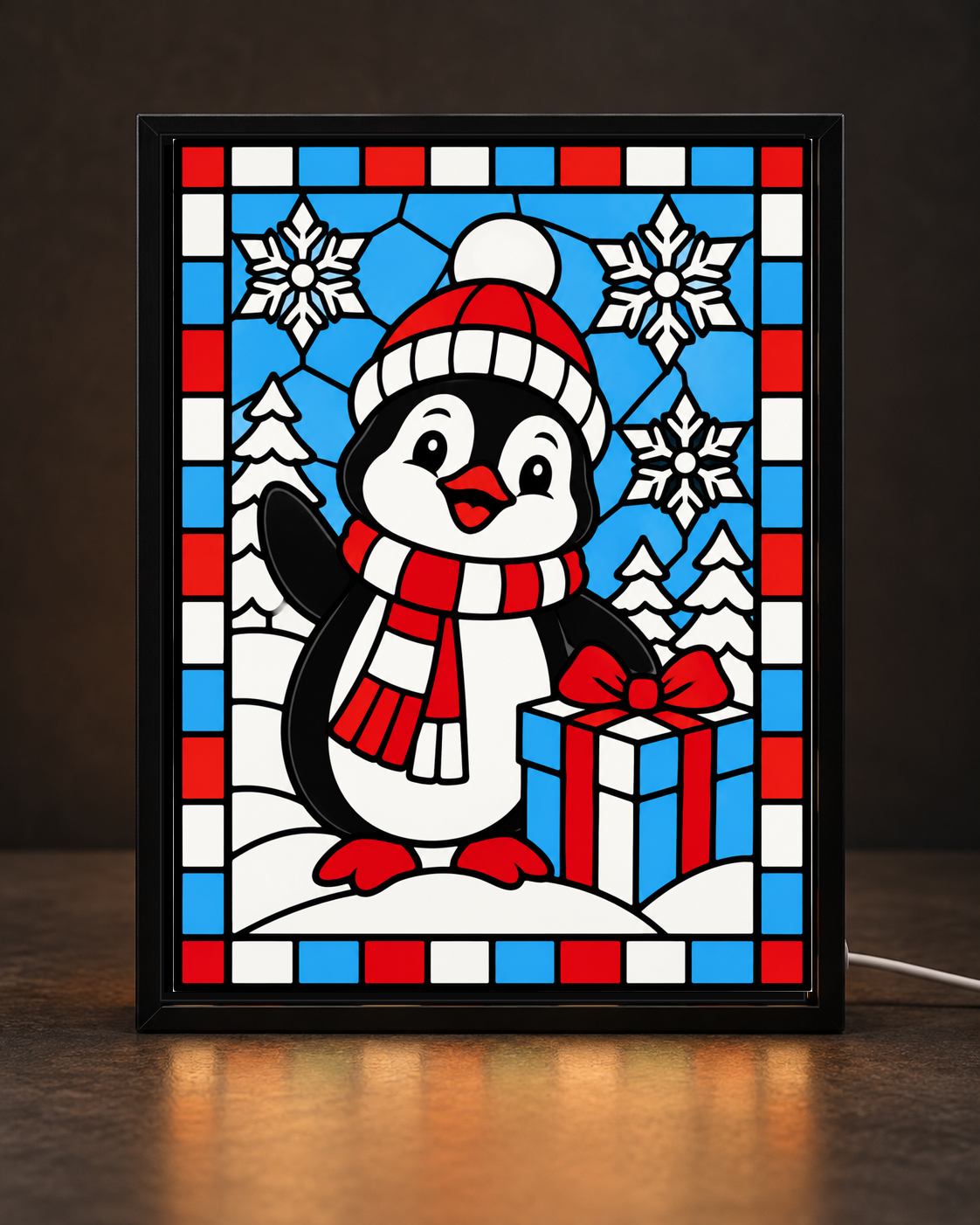 Christmas Penguin Gift framed light-up stained-glass-style art