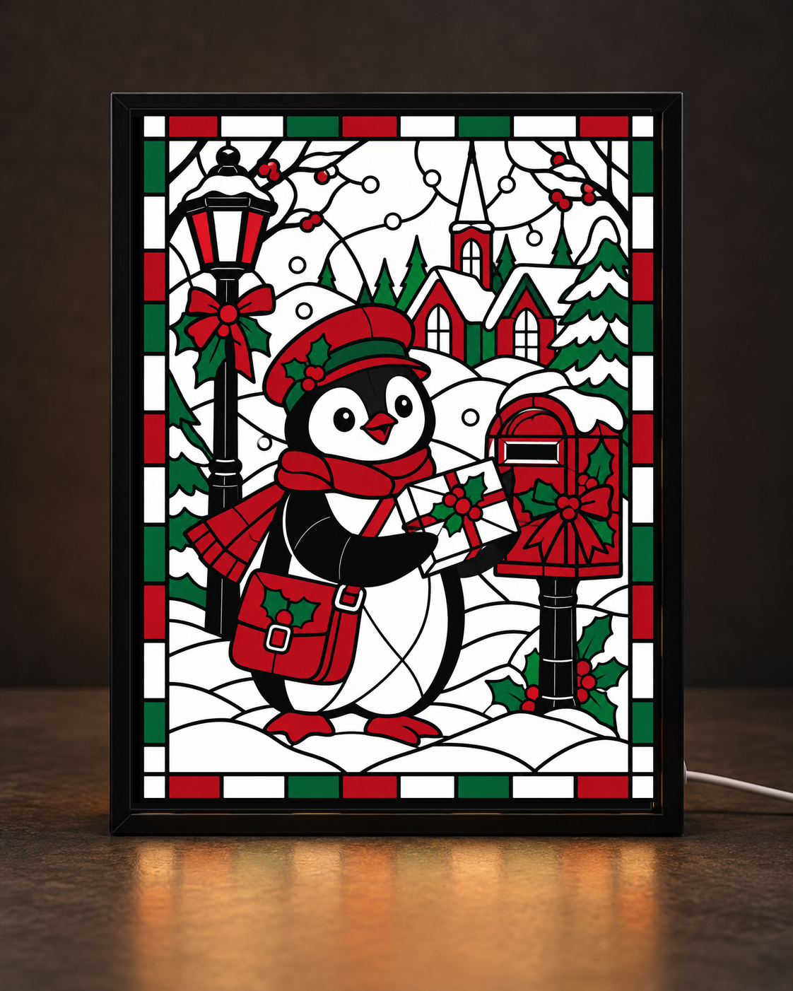 Christmas Penguin Post framed light-up stained-glass-style art