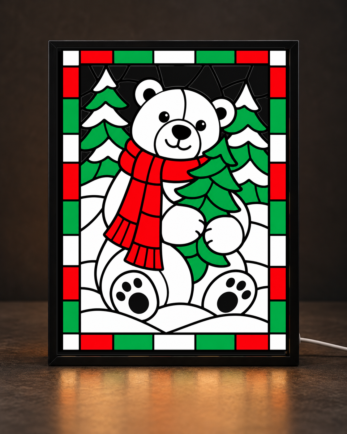 Christmas Polar Bear Tree Hug framed light-up stained-glass-style art