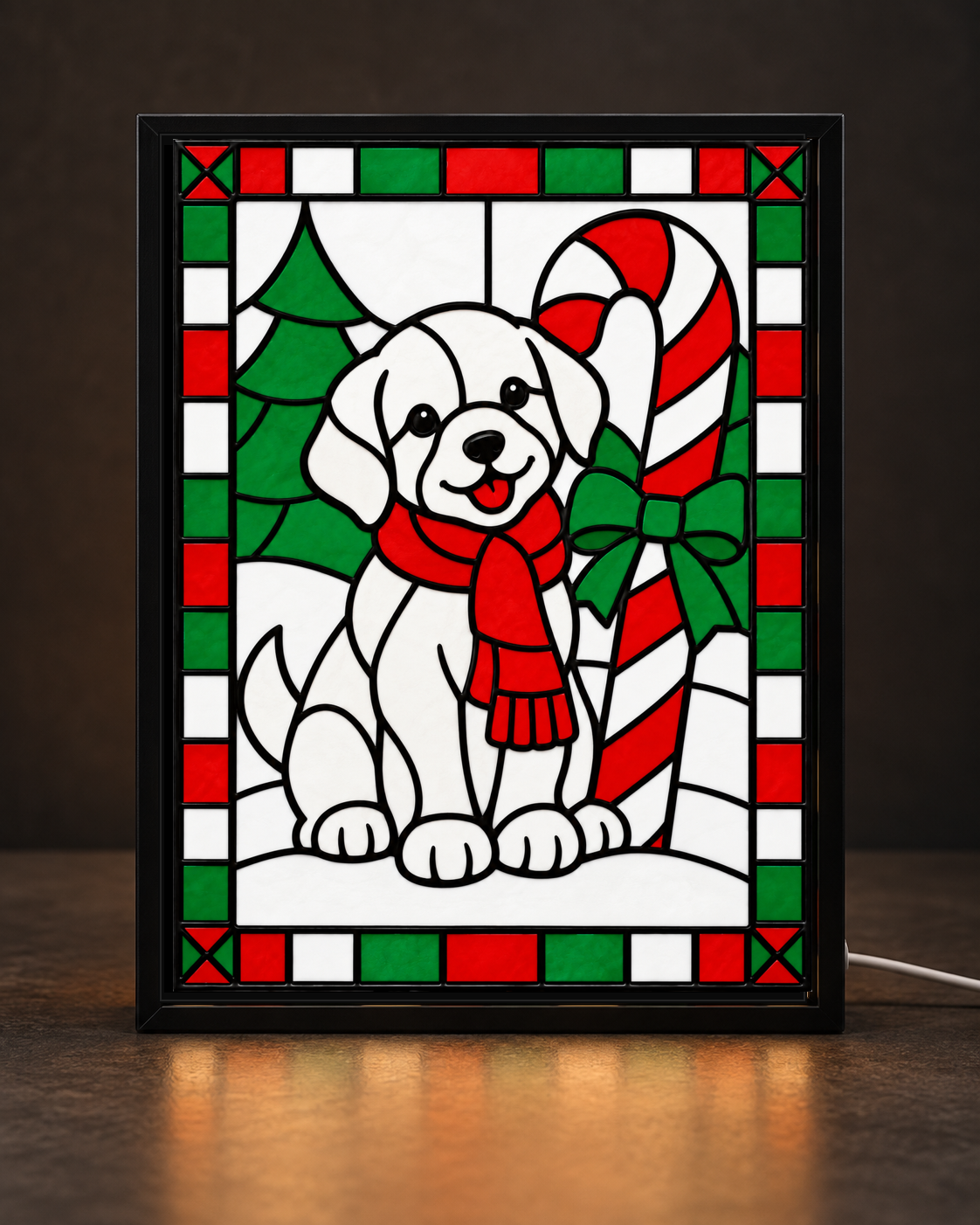 Christmas Puppy & Candy Cane framed light-up stained-glass-style art