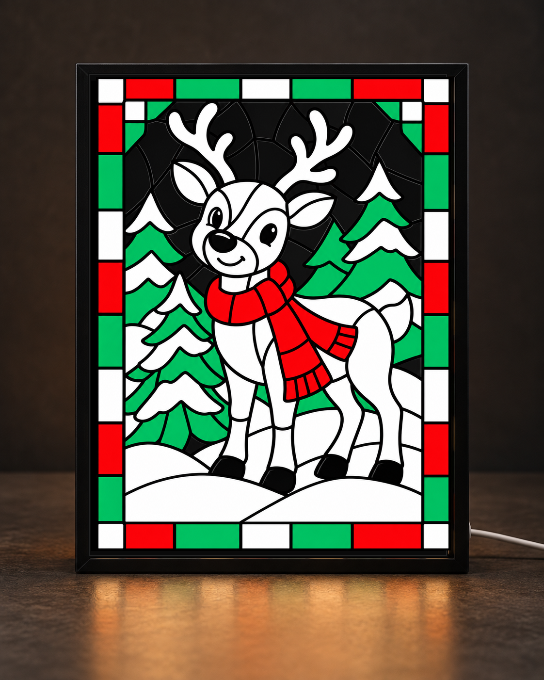 Christmas Reindeer framed light-up stained-glass-style art