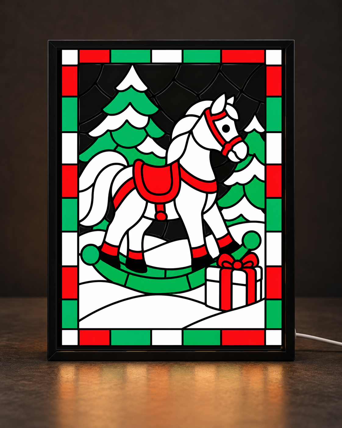 Christmas Rocking Horse Gift framed light-up stained-glass-style art
