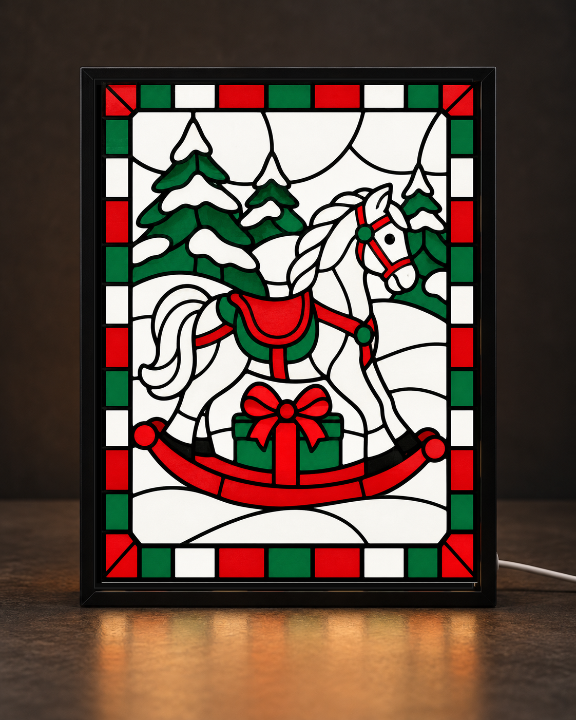 Christmas Rocking Horse framed light-up stained-glass-style art
