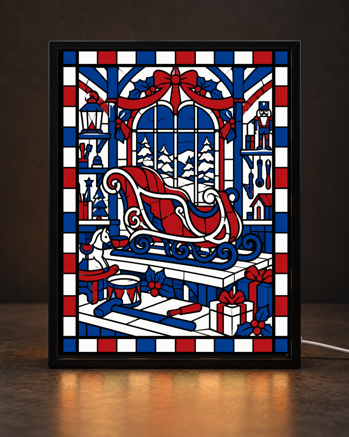 Christmas Sleighmaker Workshop framed light-up stained-glass-style art