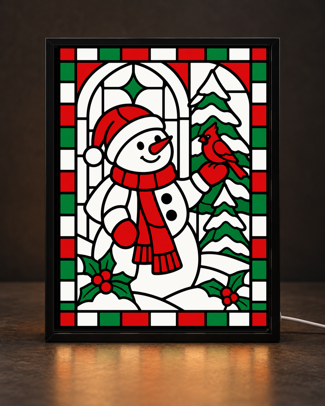 Christmas Snowman & Cardinal — Winter Window Edition framed light-up stained-glass-style art