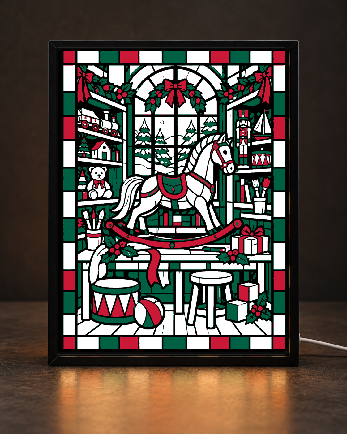 Christmas Toymakers Heirloom Workshop framed light-up stained-glass-style art