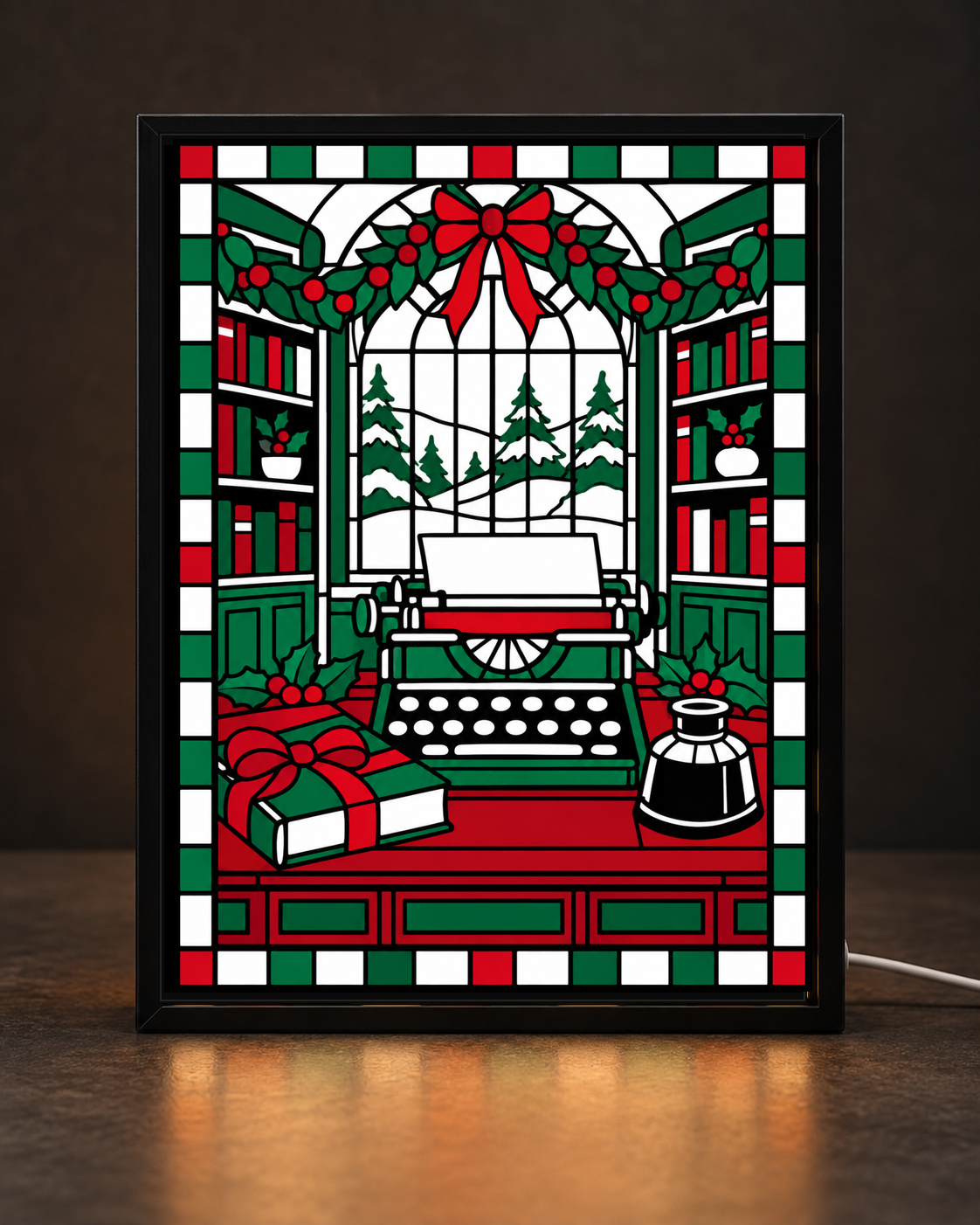 Christmas Typewriter Library framed light-up stained-glass-style art