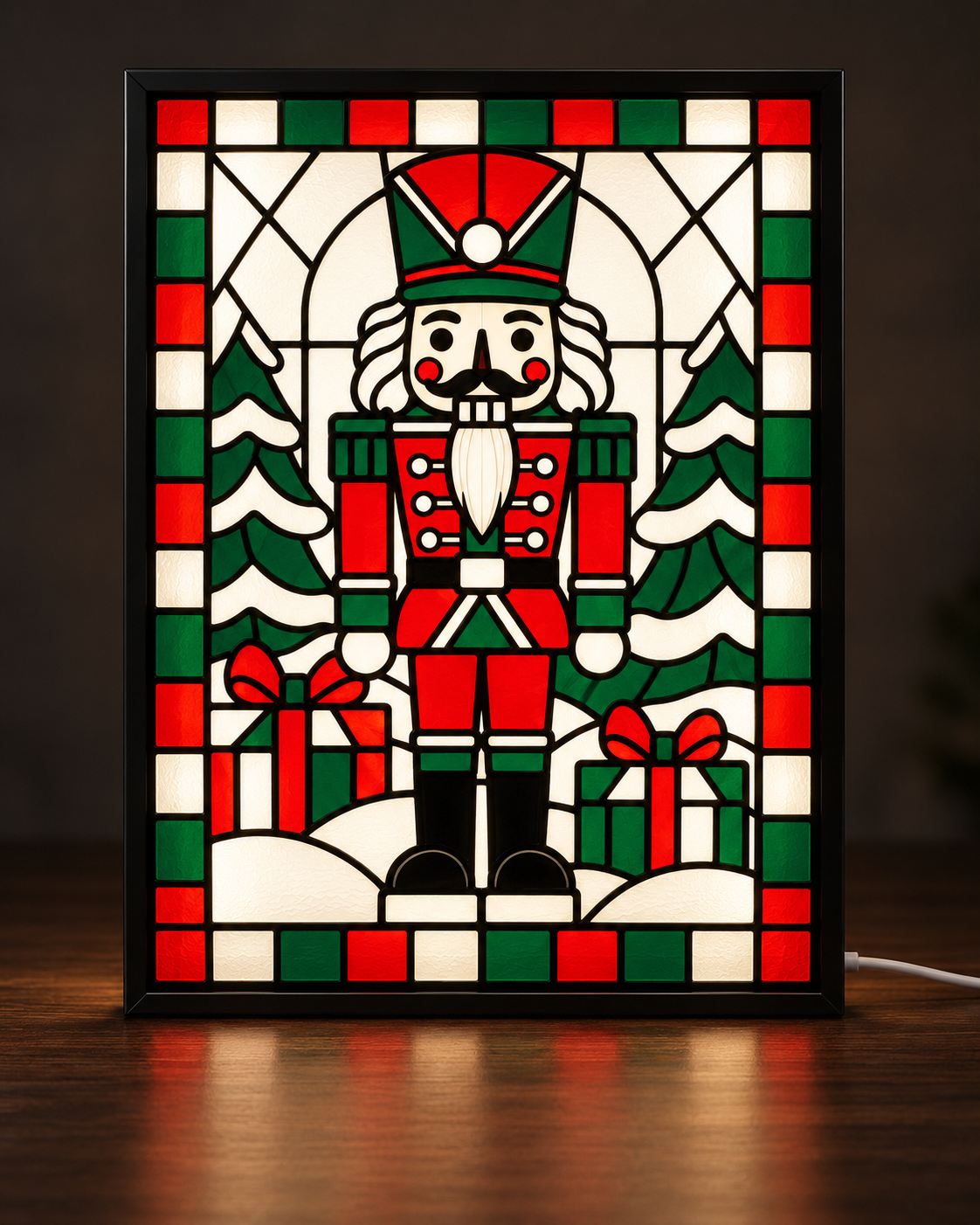 Classic Nutcracker Sentinel — Symmetric Edition framed light-up stained-glass-style art