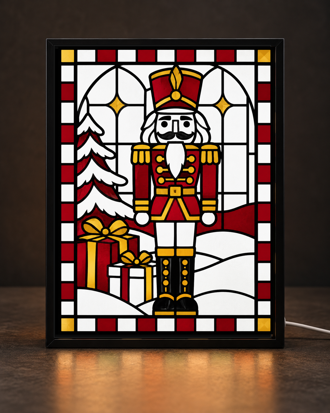 Classic Nutcracker Soldier framed light-up stained-glass-style art