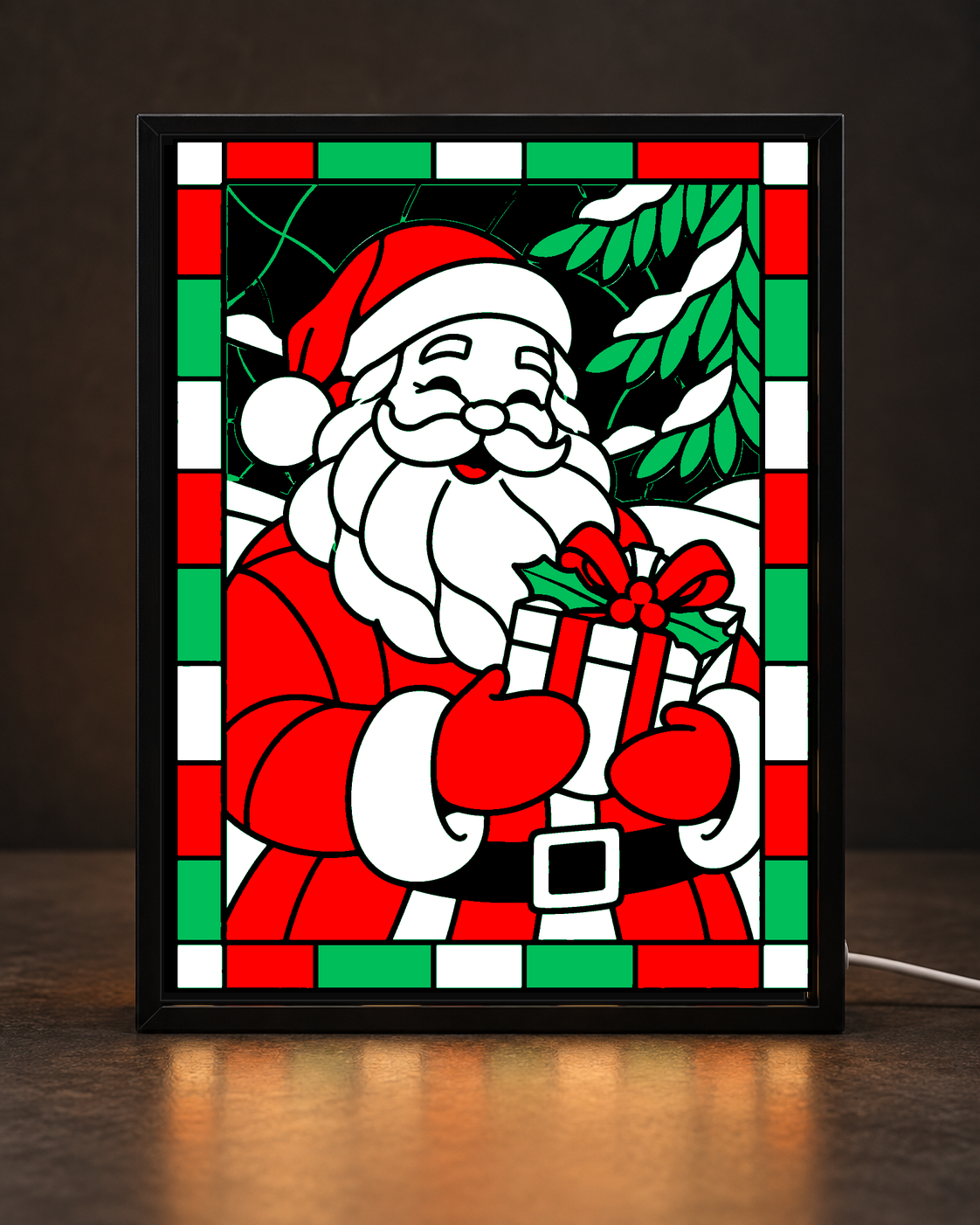 Classic Santa Gift Portrait framed light-up stained-glass-style art