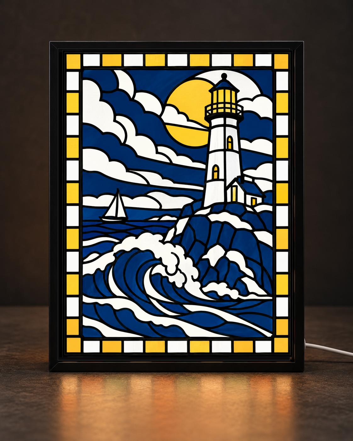 Coastal Lighthouse framed light-up stained-glass-style art