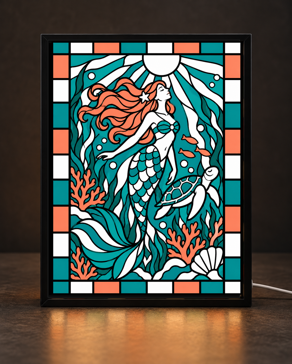 Coral Tide Mermaid Sea Turtle framed light-up stained-glass-style art