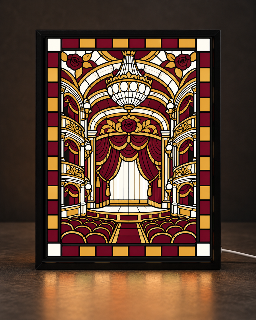 Crimson Opera House framed light-up stained-glass-style art