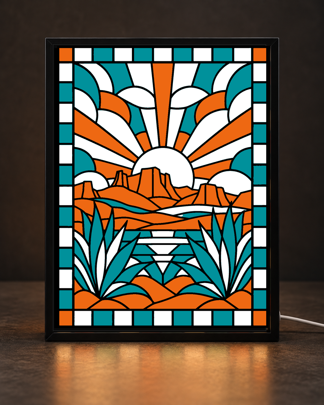 Desert Sunrise Reflection framed light-up stained-glass-style art