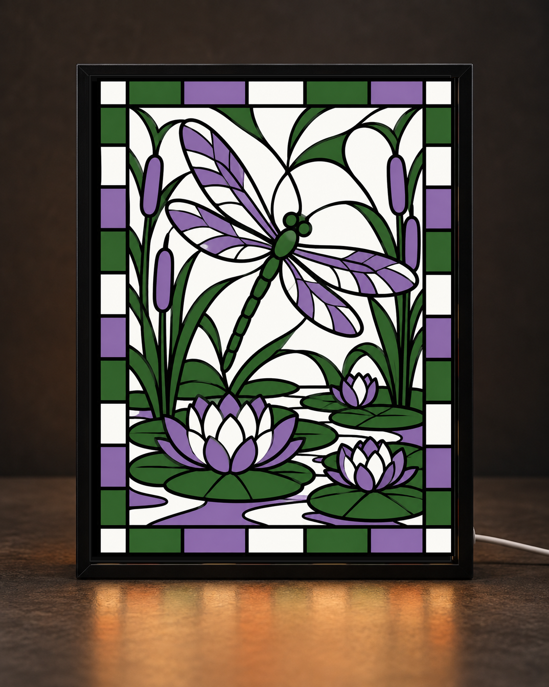 Dragonfly Lily Pond framed light-up stained-glass-style art